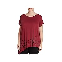 Womens Maroon Cut Out Printed Short Sleeve Jewel Neck Top Plus 0X