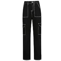 High Waist Wide Leg Baggy Jeans Side Pocket Straight Leg Denim Cargo Pants Relaxed Fit Contrast Stitched Stripe