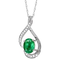 14K White Gold Diamond Natural Cabochon Emerald Necklace Oval 7x5 mm, 18 inch long