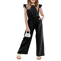 Girls Casual Jumpsuit Kids Fashion Cap Sleeve Belted Wide Leg Romper One Piece Outfits with Pockets