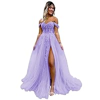 Women's Off The Shoulder Tulle Prom Dress Laces Appliques A Line Sparkly Formal Dresses with Slit