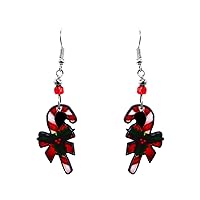 Candy Cane Christmas Themed Graphic Dangle Earrings - Womens Fashion Handmade Jewelry Holiday Accessories