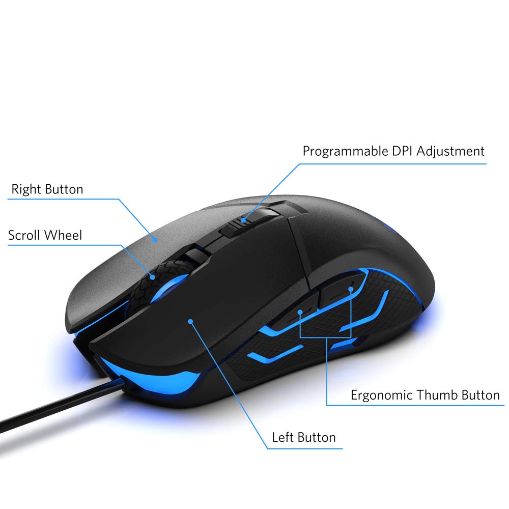 FIODIO Wired Gaming Mouse, 5500 DPI, Breathing Light, Ergonomic Game USB Computer Mice RGB Gamer Desktop Laptop PC Gaming Mouse, 7 Colors RGB Lighting, 6 Buttons for Windows 7/8 / 10, Black