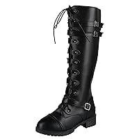 Women's Ladies Lace Up Squared Toe Buckle Decor Zipper Thigh Boots Shoes