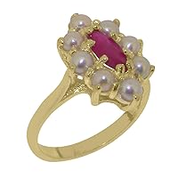 Solid 10k Yellow Gold Natural Ruby & Cultured Pearl Womens Cluster Ring - Sizes 4 to 12 Available