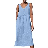 Women's Summer Dresses Ladies Dress Fashion Womens Solid Color V Neck Button Loose Sleeveless Dress(BU2,Large)