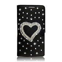 Crystal Wallet Phone Case Compatible with Samsung Galaxy S21 Ultra 5G - Heart - Black - 3D Handmade Sparkly Glitter Bling Leather Cover with Screen Protector & Neck Strip Lanyard