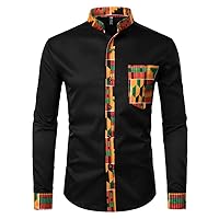 Mens Long Sleeve Shirts Print Patchwork Pocket Tops Dashiki Casual Club Lapel Fancy Shirt Male Autumn Office