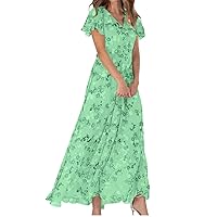 Elegant High Waist Swing Maxi Dress Women Boho Floral Print A-Line Dresses Summer Short Sleeve V Neck Beach Dress