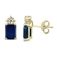 5x3MM Emerald Shape Natural Gemstone And Three Stone Diamond Earrings in 14K White Gold and 14K Yellow Gold (Available in Emerald, Ruby, Sapphire, and More)