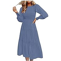 Fall Dresses for Women 2023 Lantern Long Sleeve Round Neck Maxi Dress Casual Empire Waist Solid Color Pleated Flared Dress