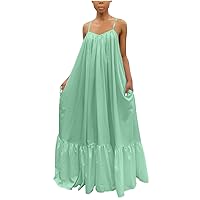 Womens Summer Plus Size Pleated Maxi Dresses V Neck Sleeveless Cami Dress Loose Casual Ruffle Hem Pocketed Long Dress