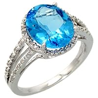 14k White Gold Large Stone Ring, w/ 0.11 Carat Brilliant Cut Diamonds & 4.79 Carats 11x9mm Oval Cut Blue Topaz Stone, 1/2