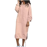 Women's Casual Dresses Long Sleeve Hoodie Sweatshirts Solid Color Side Slip Pullover Midi Dresses with Pocket