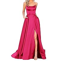 Elegant Satin Dress for Women Evening Party Cocktail Maxi Dress Spaghetti Strap High Split Flowy Holiday Dress Formal