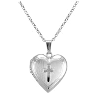 Girl's Sterling Silver Heart Shaped Engraved Cross Trace Chain Locket Necklace (15 in)