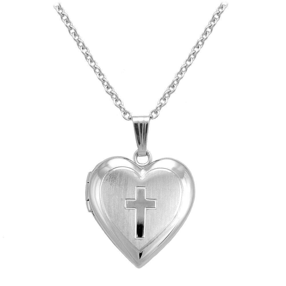 Girl's Sterling Silver Heart Shaped Engraved Cross Trace Chain Locket Necklace (15 in)