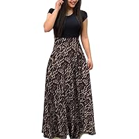 Women Short Sleeve Maxi Dress Polka Dot Floral Print Loose Long Dress Summer Casual Color Block Dresses with Pockets