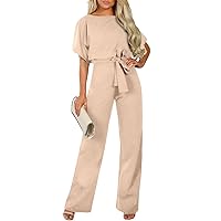 Happy Sailed Womens Loose Short Sleeve Belted Wide Leg Pant Romper Jumpsuit Business Casual One Piece Outfits