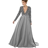 Long Sleeves Sequins A Line Prom Formal Dresses V Neck Evening Party Gown