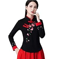 Cheongsam Women' Plus Size Autumn Blend Embroidery Splicing Long Sleeve Chinese Retro Qipao Shirts Woman