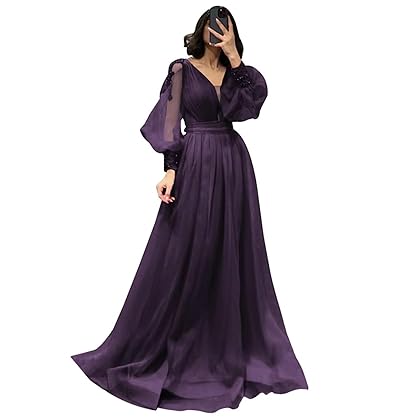 Aenyrst V-Neck Tulle Prom Dresses for Woman A-Line Elegant Puffy Sleeve Formal Evening Party Dress