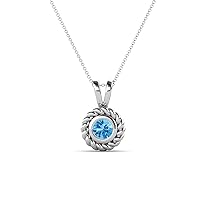 Round Blue Topaz 1/4 ct Womens Rope Edge Bezel Set Solitaire Pendant Necklace 16 Inches 925 Sterling Silver Chain