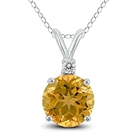 6MM Round Natural Gemstone And Diamond Pendant in 14K White Gold and 14K Yellow Gold (Available in Amethyst, Citrine, Peridot, and More)