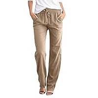 Linen Pants for Women High Waist Casual Wide Leg Pants Drawstring Summer Pants with Pockets Beach Palazzo Pants Trousers