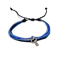 Silver Metal Key Charm Dangle Multicolored Multi Strand String Waterproof Adjustable Pull Tie Bracelet - Unisex Handmade Jewelry Boho Accessories