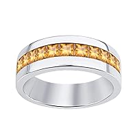 14K White Gold Over .925 Sterling Silver Princess Cut Citrine Mens Wedding Band Ring