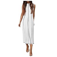 XJYIOEWT Plus Size Maxi Dress,Womens Sleeveless T Shirt Dress Summer Contrast Ribbed Knit Tank Maxi Dresses Wrap Around