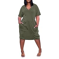 Plus Size Dresses for Curvy Women Short Sleeve Summer Loose V Neck Knee Pocket Gradient Print Casual Dress for Women