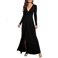 LYANER Women's Sexy Deep V Neck Ruched High Split Slit Long Sleeve Long Cocktail Dress