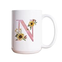 Sunflower Pink Initial Alphabet Monogram Letter N White Ceramic Coffee Mug 15oz Quote Novelty Coffee Cup Tea Milk Juice Christmas Mug Gifts for Friends Sister Brother Grandparents