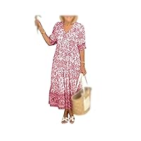 V-Neck Summer Bohemian Dress, Bohemian Casual Print v-Neck Shirred Waist Long Dress, Plus Size Bohemian Dress
