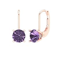 1.0 ct Round Cut Solitaire Genuine Simulated Alexandrite Pair of Lever back Drop Dangle Designer Earrings Solid 14k Rose Gold