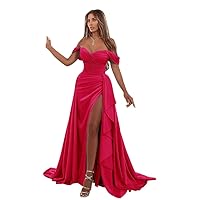 Satin Off Shoulder Prom Dresses Mermaid Pleated Long Formal Evening Party Gowns with Slit
