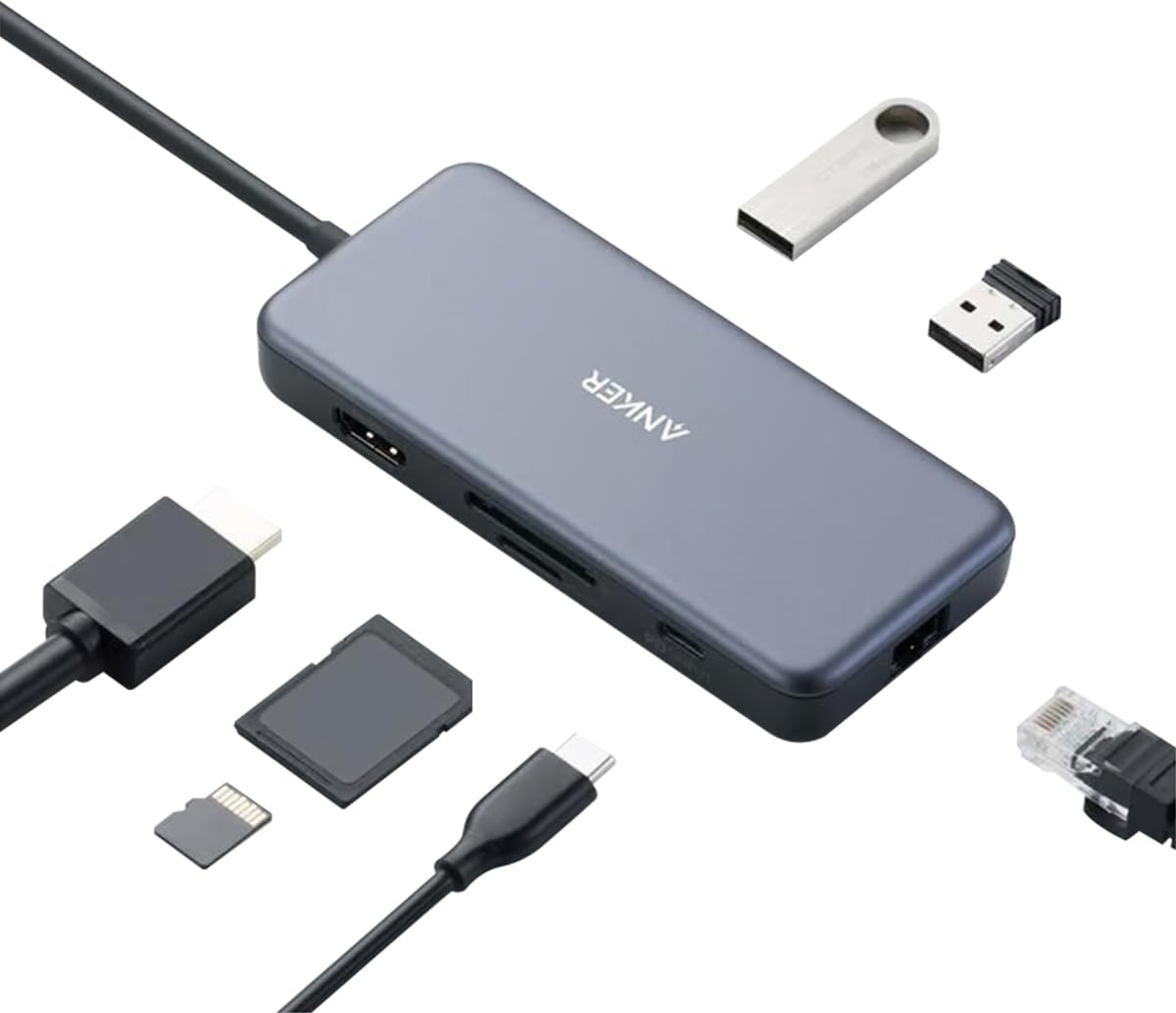 Anker USB C Hub Adapter, PowerExpand+ 7-in-1 USB C Hub, with 4K USB C to HDMI, 60W Power Delivery, 1Gbps Ethernet, 2 USB 3.0 Ports, SD and microSD Card Readers, for MacBook Pro and Other USB C Laptops