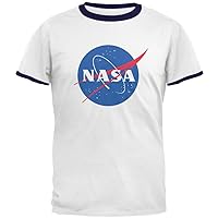 NASA Logo Mens Ringer T Shirt White-Navy LG