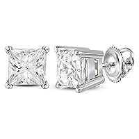 14kt White Gold Unisex Princess Diamond Solitaire Stud Earrings 1-3/8 Cttw