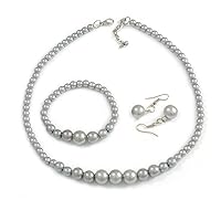 Light Grey Glass Bead Necklace/Stretch Bracelet/Drop Earrings Set - 44cm L/ 4cm Ext