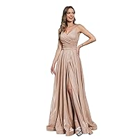 Women's Glitter Satin Prom Dress Long 2024 Spaghetti Strap V Neck Ruched Formal Evening Gowns with Slit Pocket