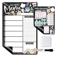 Doodle Magnetic Weekly Meal Planner Dry Erase Board for Refrigerator - Magnetic Meal Planner for Refrigerator Dry Erase, Weekly Dinner Menu Board for Kitchen Conversion Chart Magnet, Grocery List…
