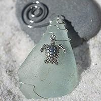 Custom Surf Tumbled Sea Glass Ornament with a Silver Sea Turtle Charm - Choose Your Color Sea Glass Frosted, Green, and Brown.