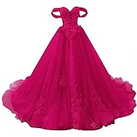 Women's Off The Shoulder Sweet 16 Quinceanera Dresses Lace Long Prom Ball Gowns Hot Pink