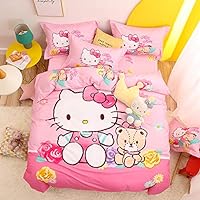 100% Cotton Kids Bedding Set Girls Hello Kitty Pink Duvet Cover and Pillow Cases and Fitted Sheet,4 Pieces,Queen