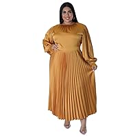 Large European and American Women's Clothing, Popular Autumn and Winter Styles, Pleated Round Neck Long Dress, Long Sleeves