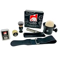 G.B.S Black Luxury Shaving Kit - Wood Straight Razor, Mug, Natural Soap, Brush, Alum block, Strop and Paste Grooming Kit, Black