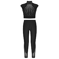Girls 2Pcs Sequins Dance Tracksuit Kids Tank Tops with Tights Pants Outfit for Sports Yoga Leotards Gymnastic